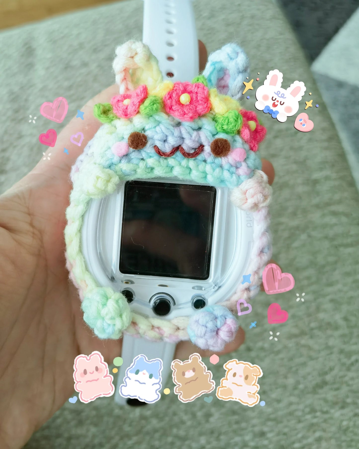 Pastel Rabbit with Flower Tamagotchi Cover Fuzzy N Chic
